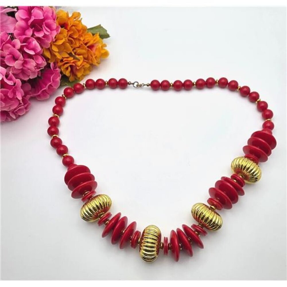 Vintage Red Lucite Chunky Disc Necklace Gold Tone 24” 1980s Runway